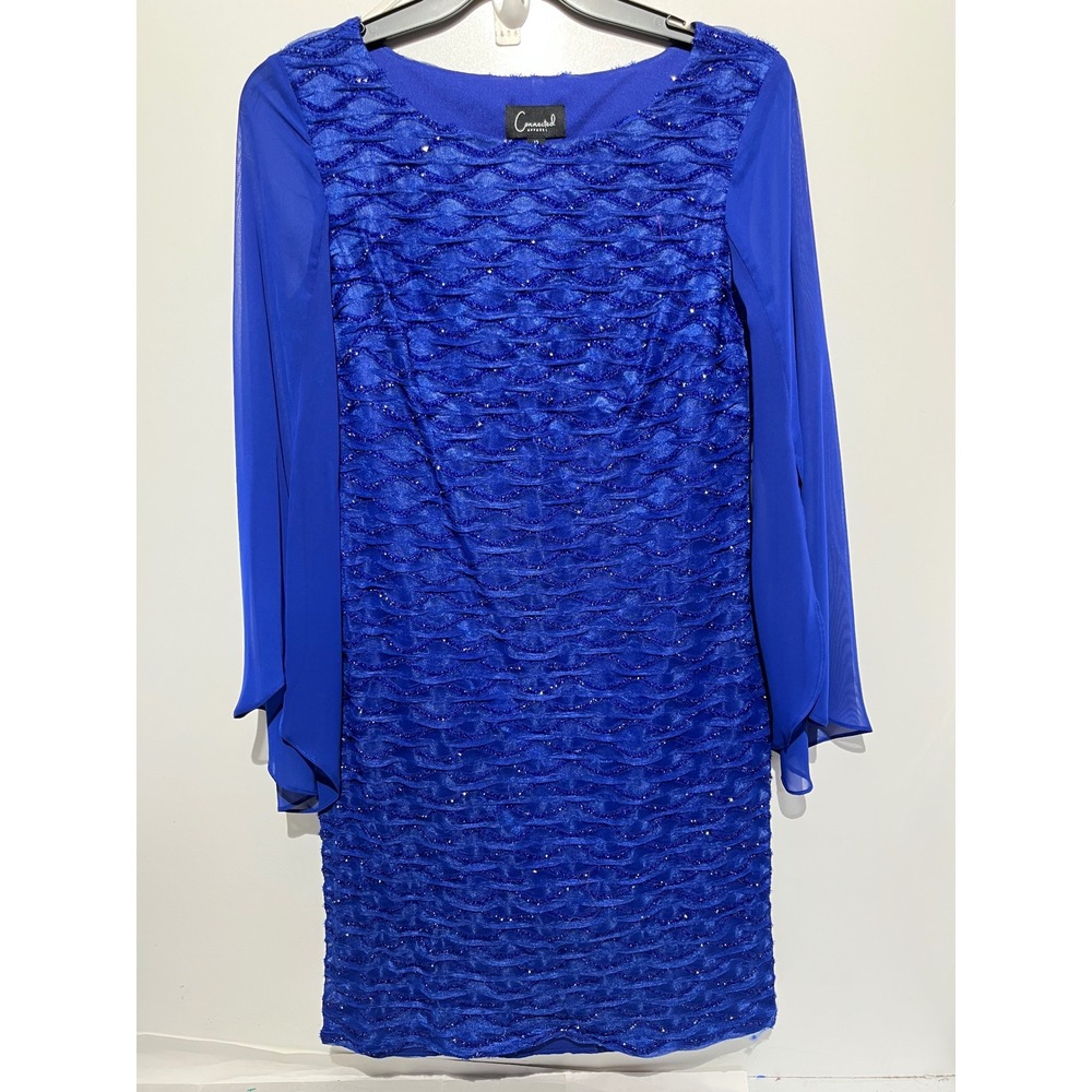 Connected Apparel Royal Blue Sparkle Scalloped Cocktail Dress Sheer Sleeve Sz 10
